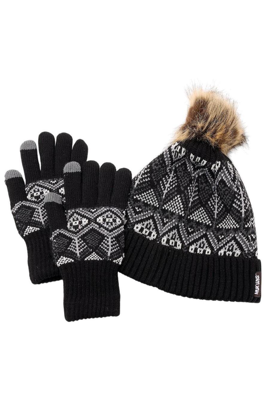 MUK LUKS Women's Heat Retaining Fair Isle Hat/Gloves Set Black